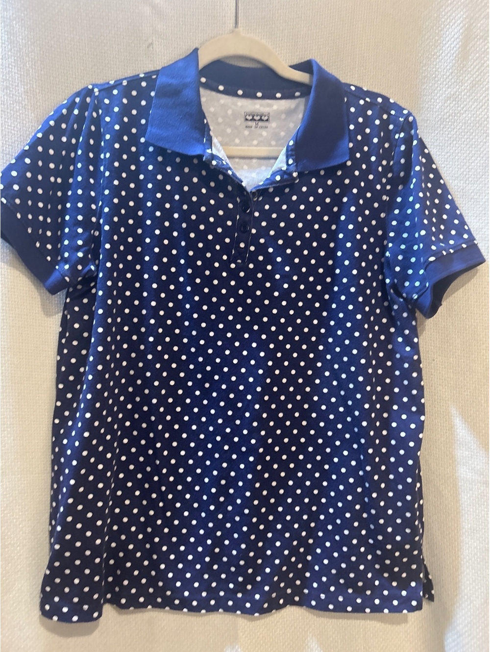 American Sweetheart Women's Medium Navy Blue Polka Dot Polo Shirt, 50% Cotton 40